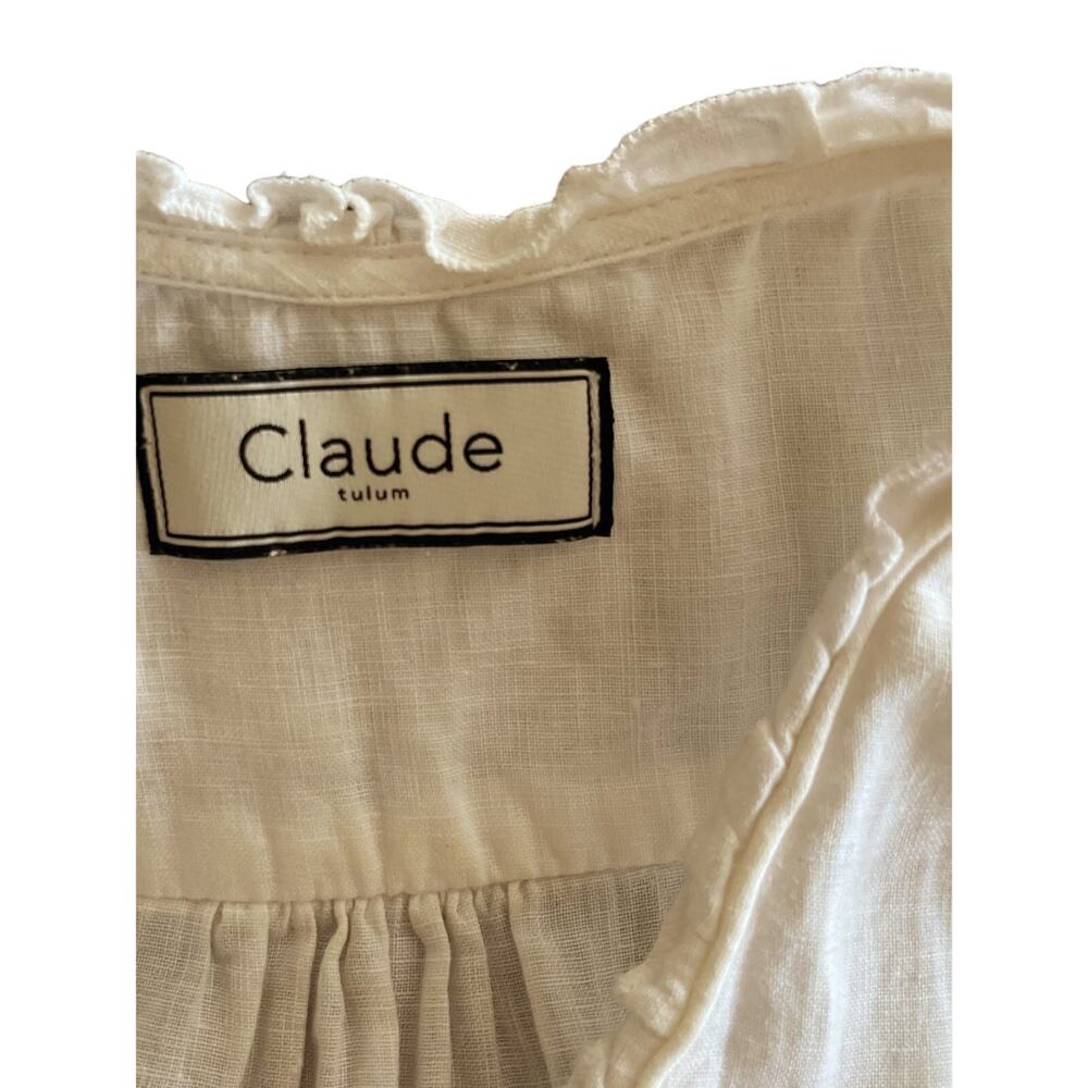 CLAUDE TULUM Natural Dress Tiered Cotton V-Neck Flounce 3/4 Sleeves White Medium - Picture 9 of 15